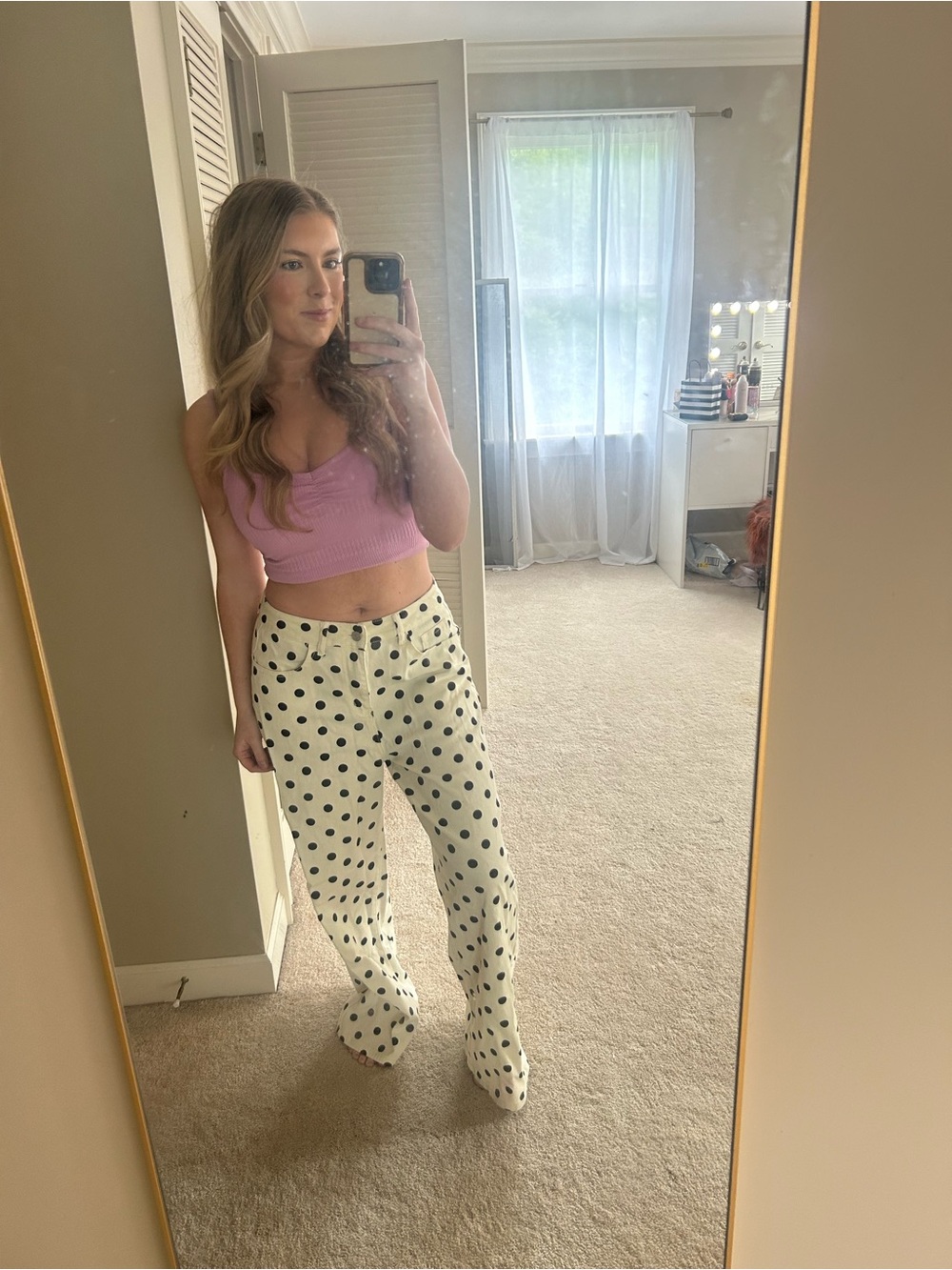 Polka Dot Straight Leg Pants in Cream with Black Dots